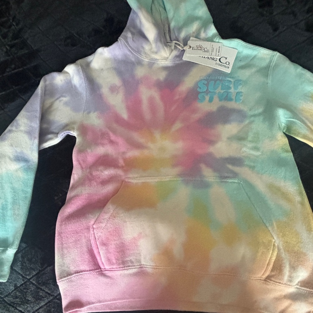 surf style Pastel Tie-Dye Hoodie with Aqua Chest Logo